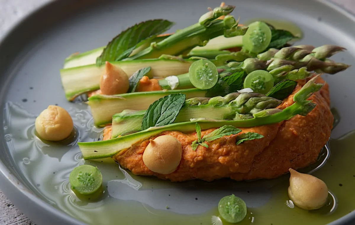 Close-up of vegan asparagus dish with hummus, chickpeas, and mint on a plate.